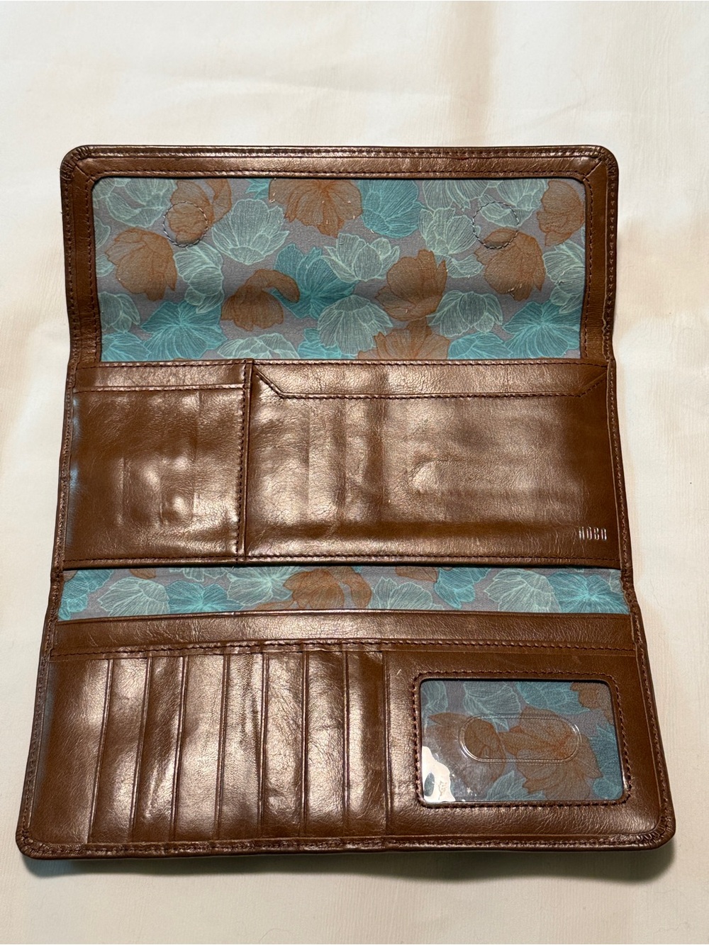 HOBO Brown Leather Checkbook Wallet Long Bifold Organizer Floral Lining - Picture 4 of 7